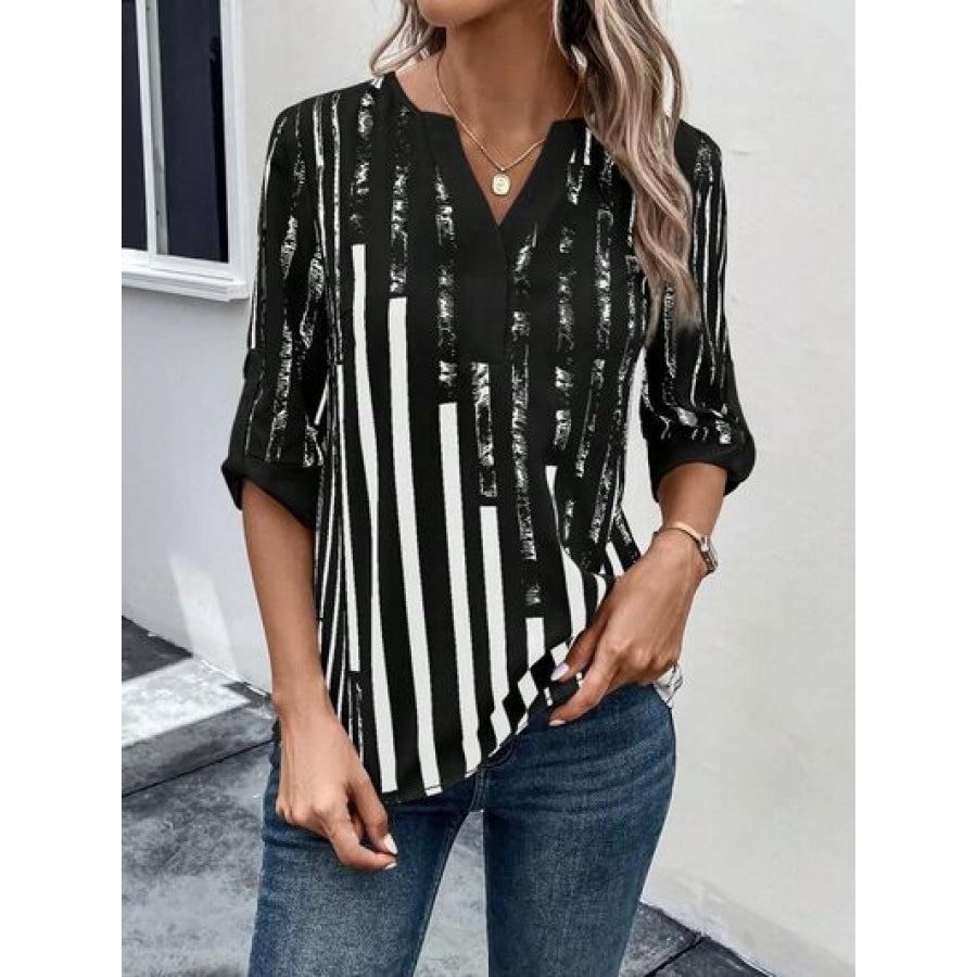 Striped Notched Half Sleeve Blouse Black / S Apparel and Accessories