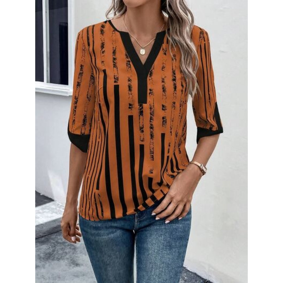 Striped Notched Half Sleeve Blouse Caramel / S Apparel and Accessories