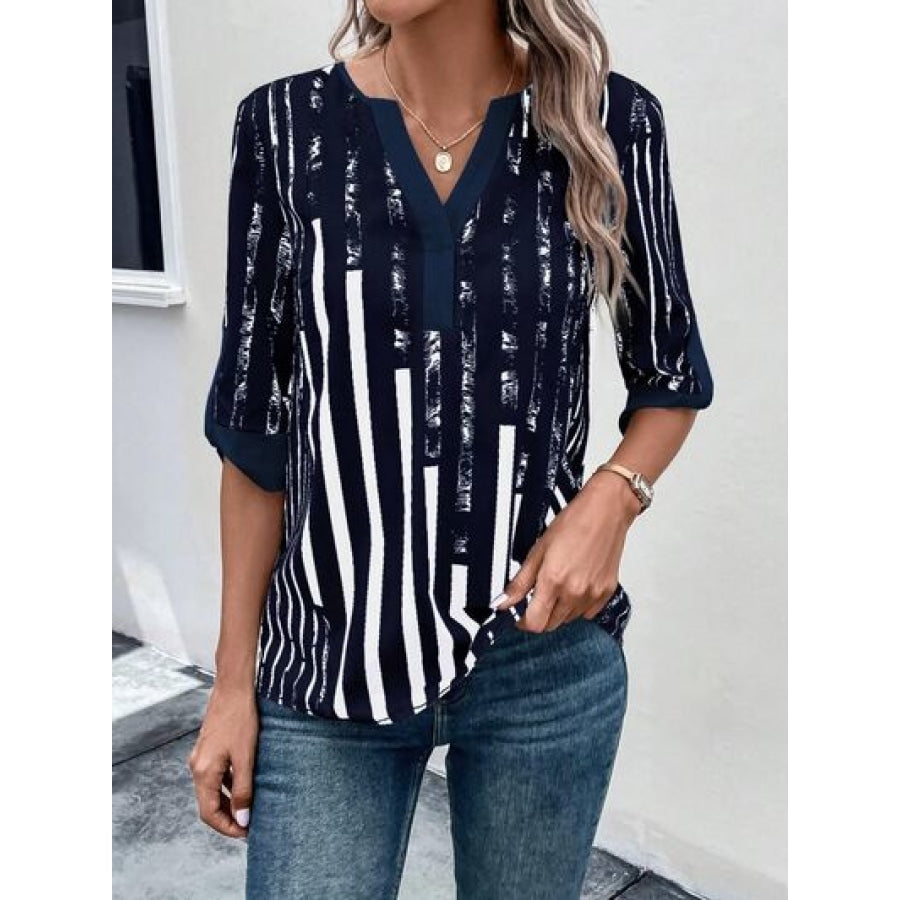 Striped Notched Half Sleeve Blouse Cobald Blue / S Apparel and Accessories