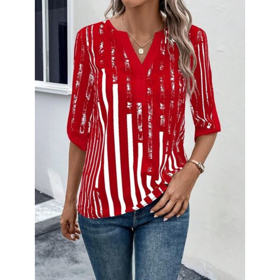 Striped Notched Half Sleeve Blouse Deep Red / S Apparel and Accessories