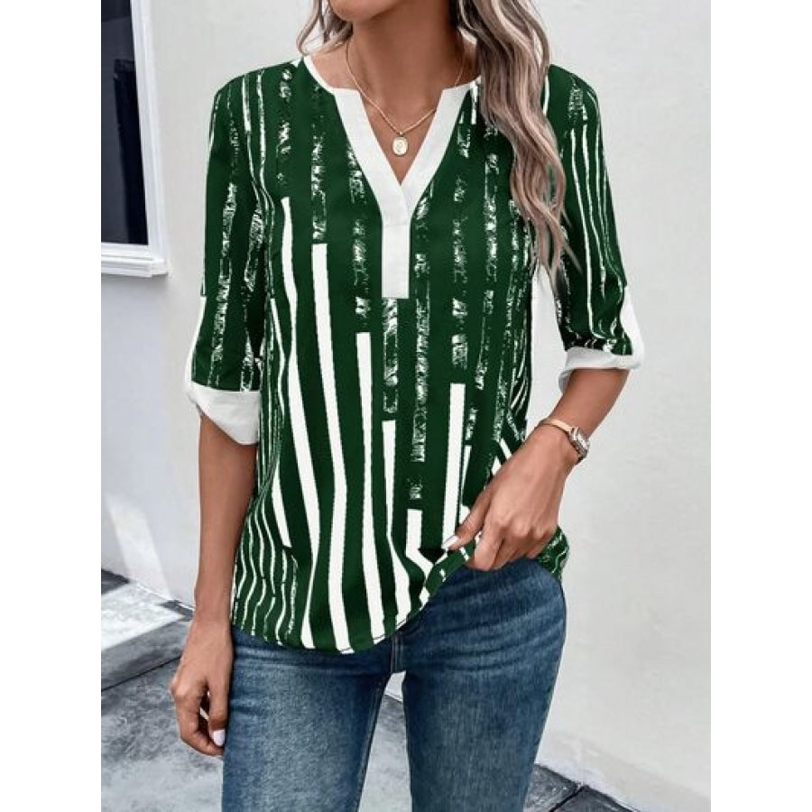 Striped Notched Half Sleeve Blouse Green / S Apparel and Accessories