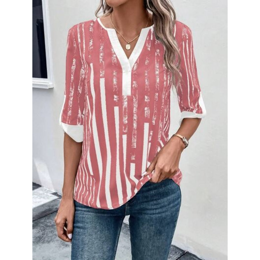 Striped Notched Half Sleeve Blouse Light Mauve / S Apparel and Accessories