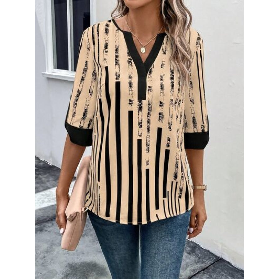 Striped Notched Half Sleeve Blouse Tan / S Apparel and Accessories