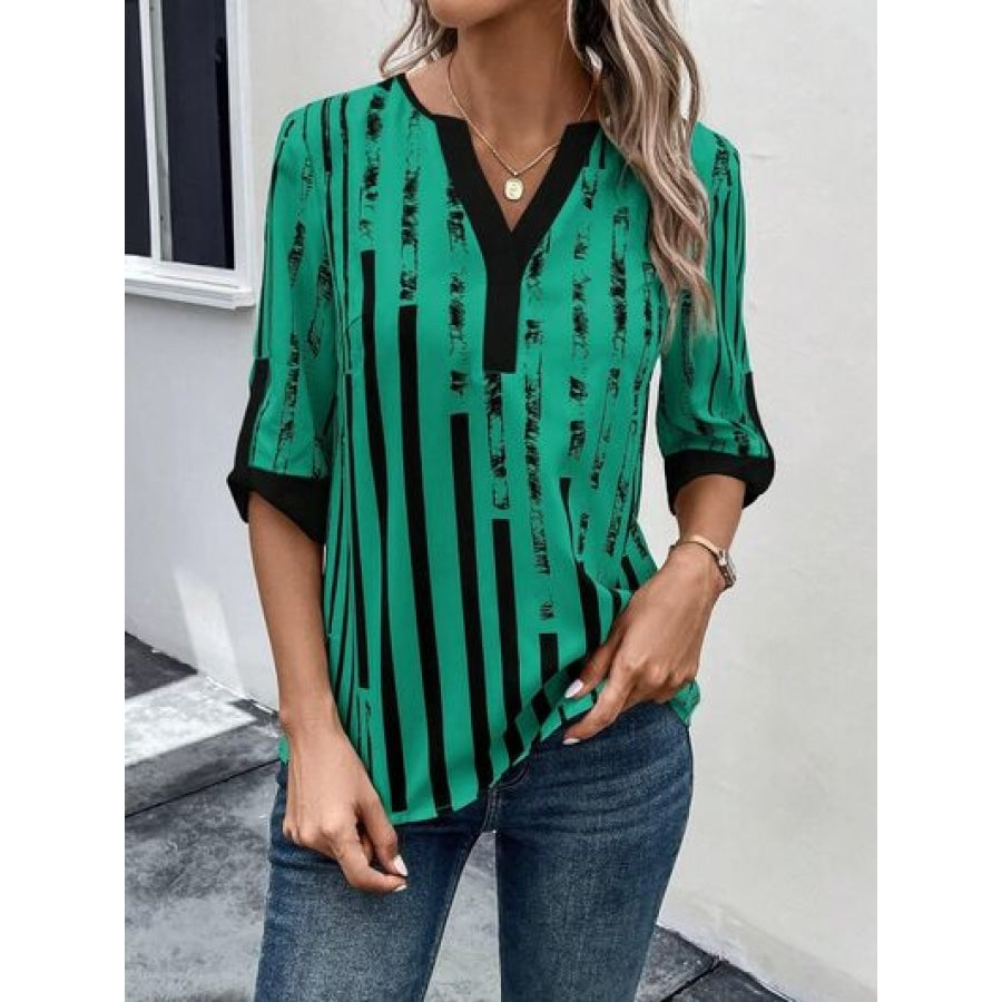 Striped Notched Half Sleeve Blouse Teal / S Apparel and Accessories