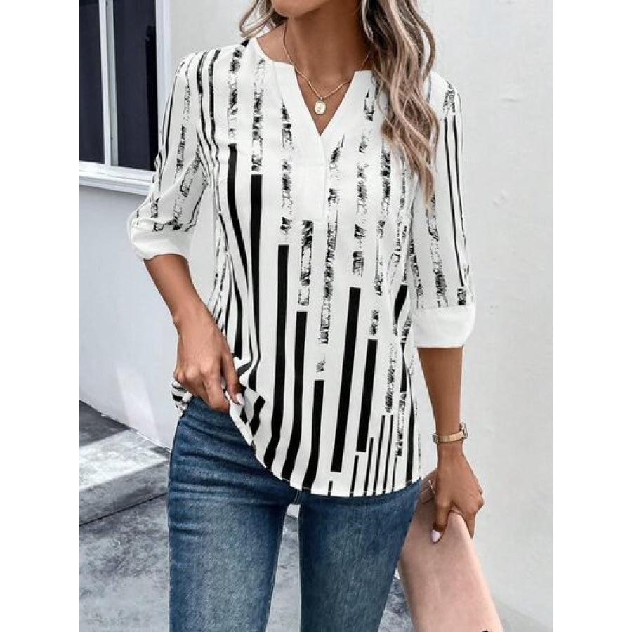 Striped Notched Half Sleeve Blouse White / S Apparel and Accessories