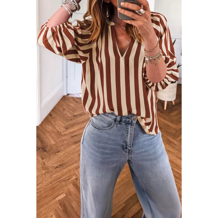 Striped Notched Half Sleeve Casual Blouse Apparel and Accessories
