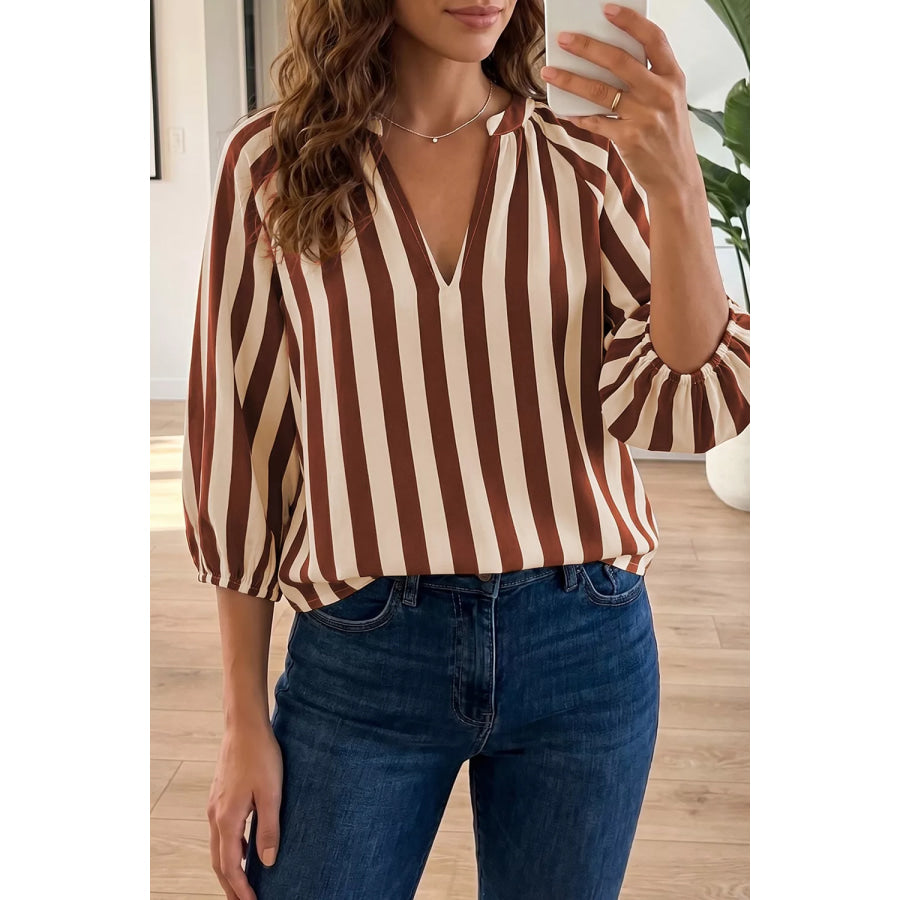 Striped Notched Half Sleeve Casual Blouse Camel / S Apparel and Accessories