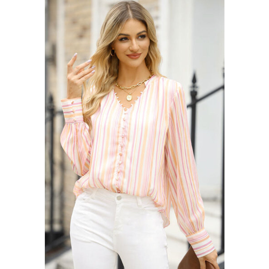 Striped Notched Long Sleeve Blouse Apparel and Accessories