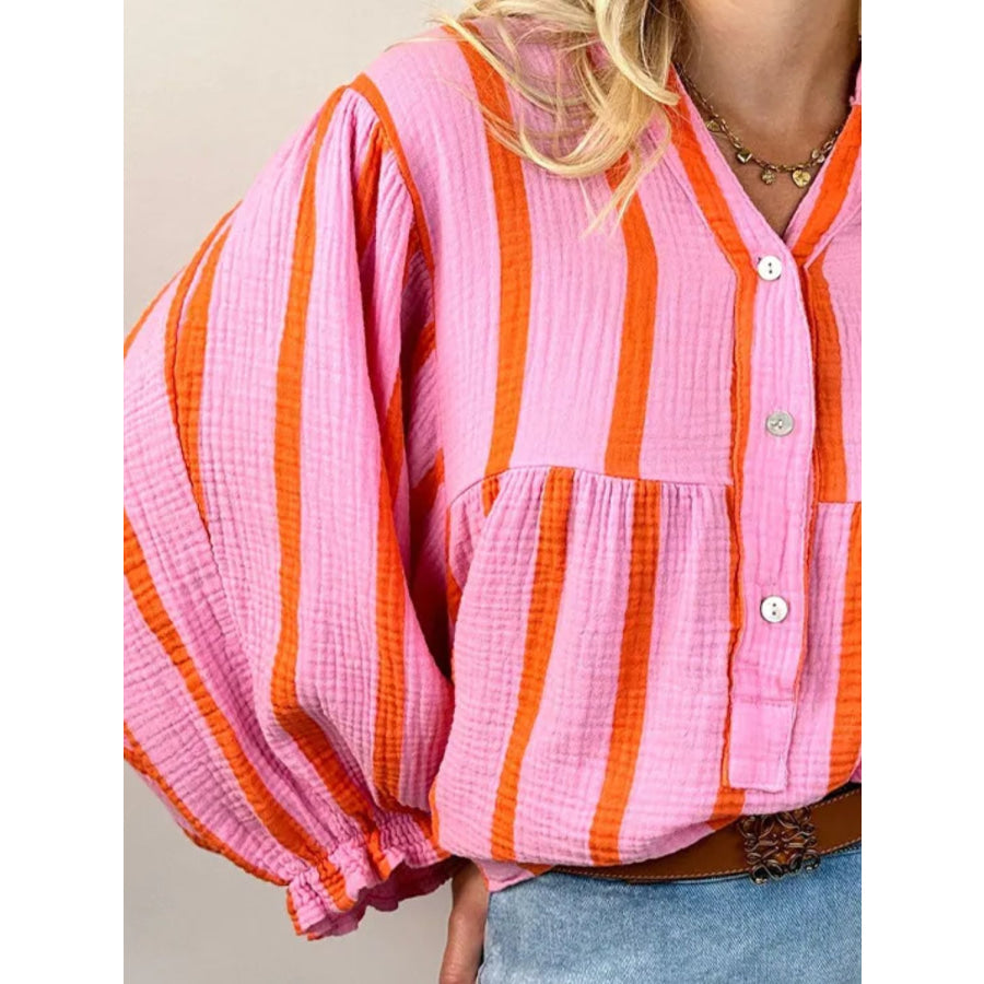 Striped Notched Long Sleeve Blouse Apparel and Accessories