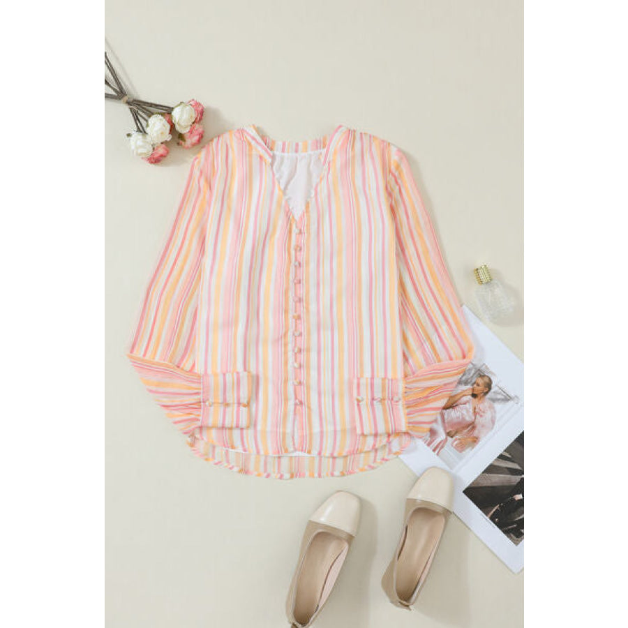 Striped Notched Long Sleeve Blouse Apparel and Accessories