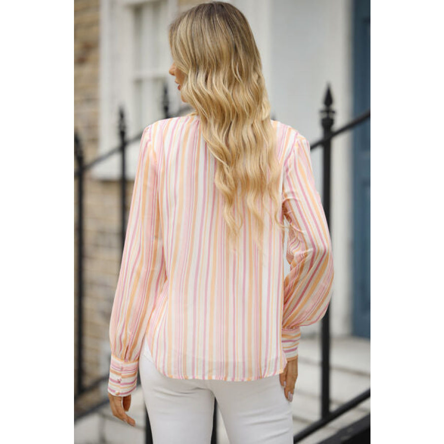 Striped Notched Long Sleeve Blouse Apparel and Accessories