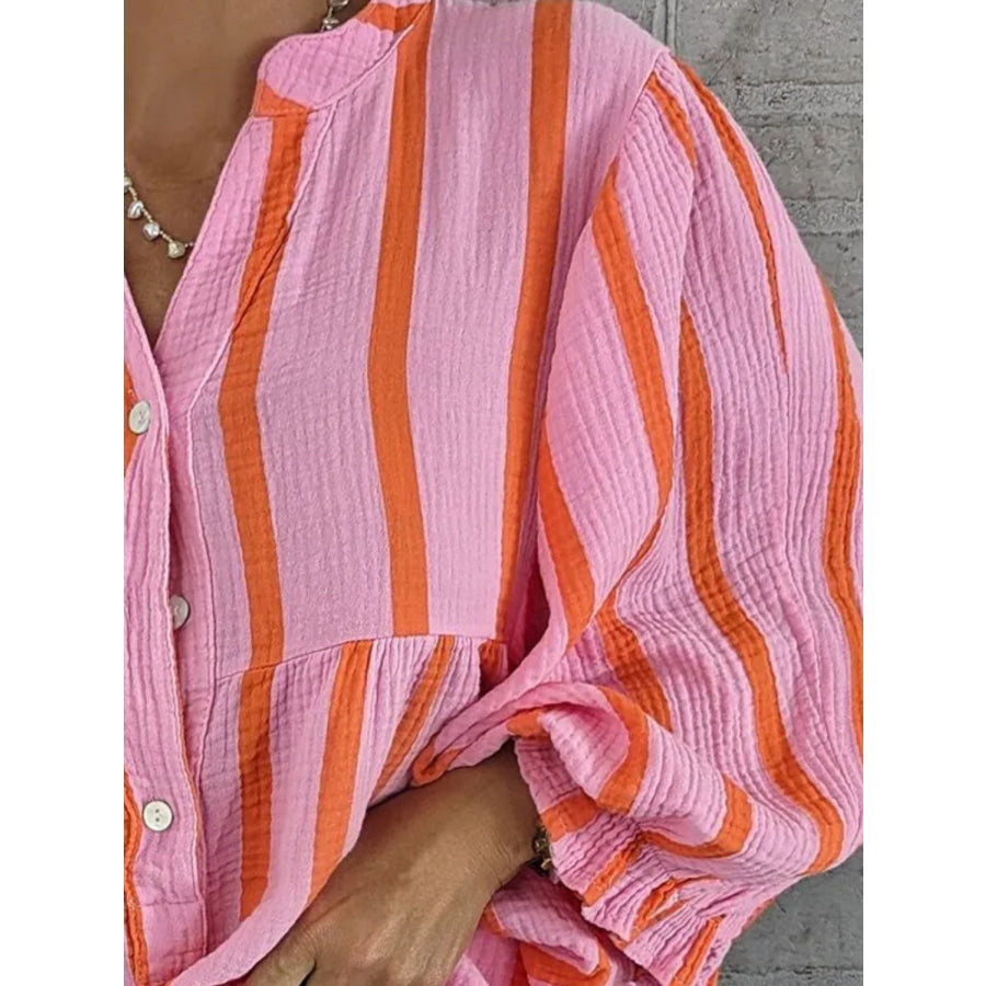 Striped Notched Long Sleeve Blouse Apparel and Accessories