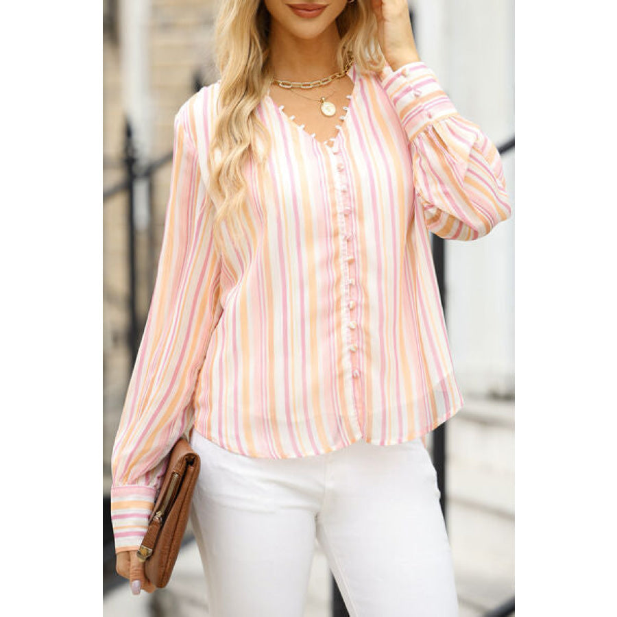 Striped Notched Long Sleeve Blouse Blush Pink / S Apparel and Accessories