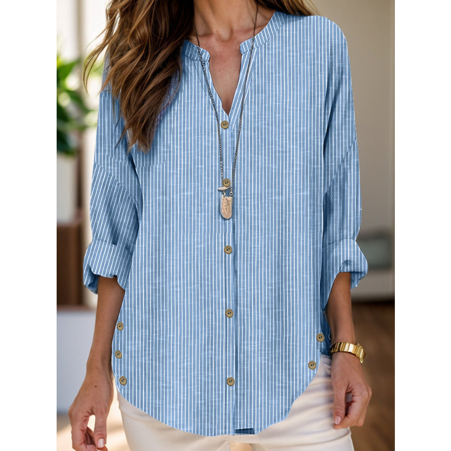 Striped Notched Long Sleeve Blouse Light Blue / S Apparel and Accessories