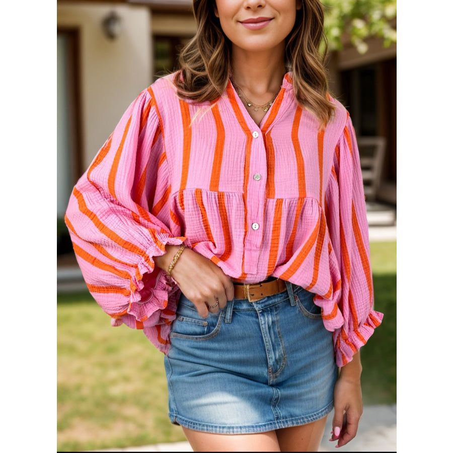 Striped Notched Long Sleeve Blouse Pink / S Apparel and Accessories