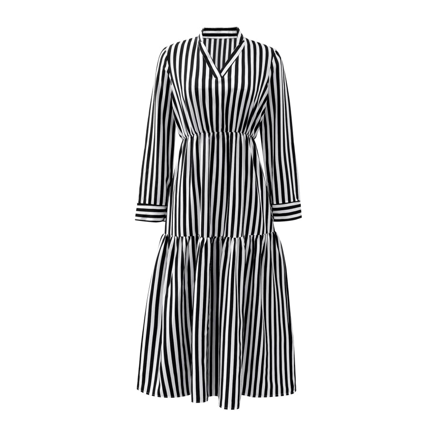 Striped Notched Long Sleeve Midi Dress Apparel and Accessories