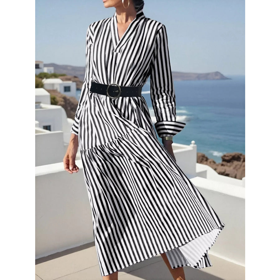 Striped Notched Long Sleeve Midi Dress Apparel and Accessories