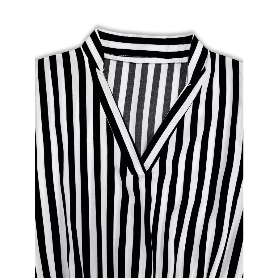 Striped Notched Long Sleeve Midi Dress Apparel and Accessories