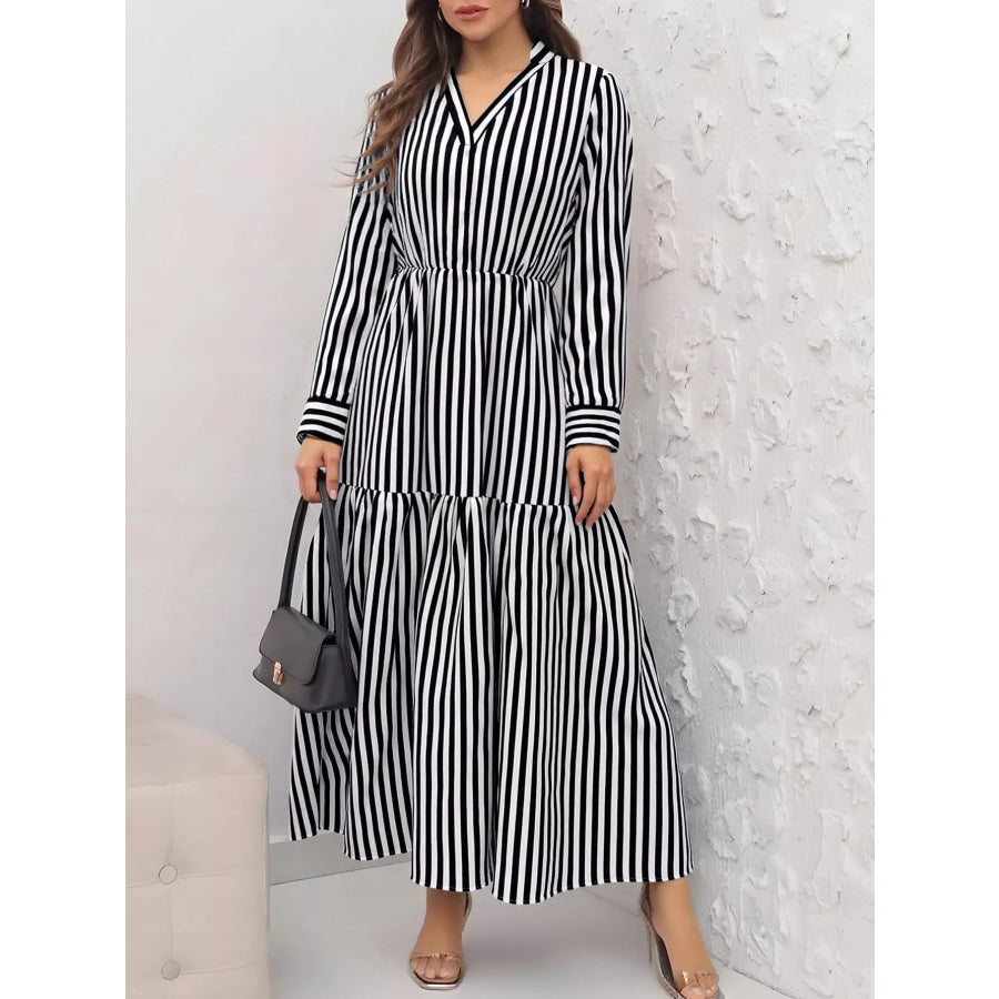 Striped Notched Long Sleeve Midi Dress Apparel and Accessories