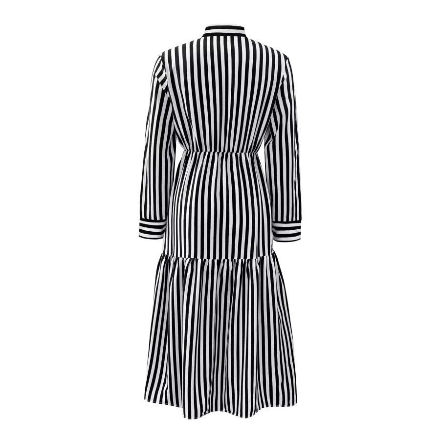 Striped Notched Long Sleeve Midi Dress Apparel and Accessories