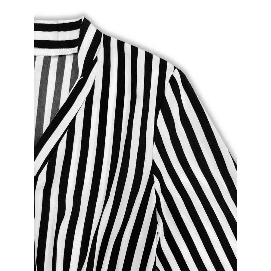 Striped Notched Long Sleeve Midi Dress Apparel and Accessories