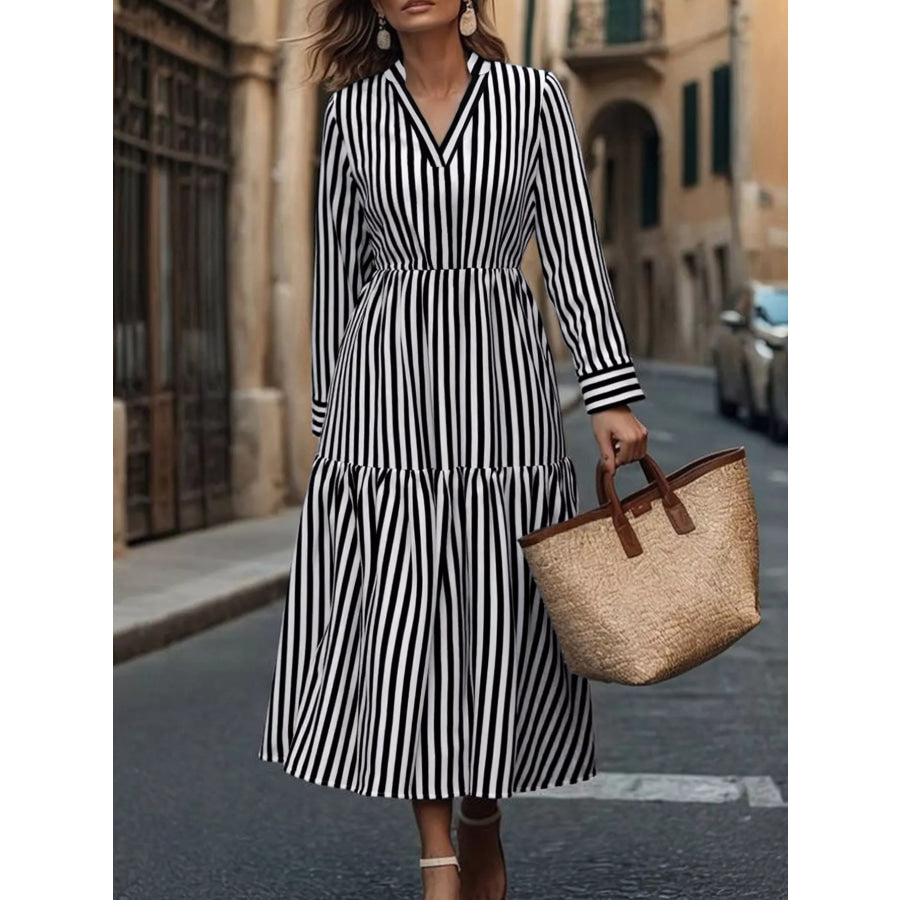 Striped Notched Long Sleeve Midi Dress Stripe / S Apparel and Accessories