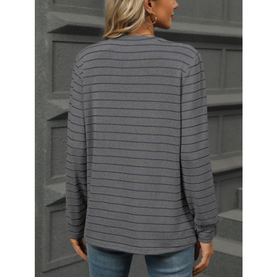 Striped Notched Long Sleeve T-Shirt Apparel and Accessories