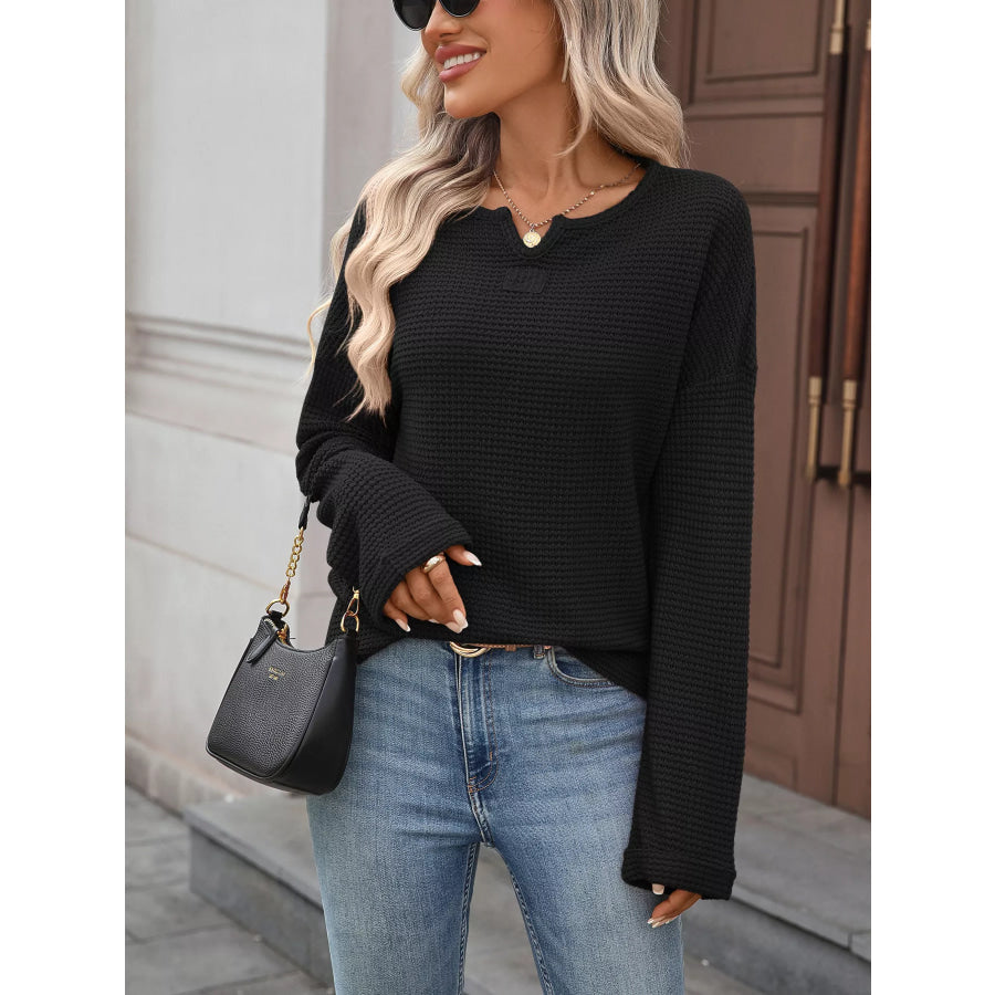 Striped Notched Long Sleeve T-Shirt Apparel and Accessories