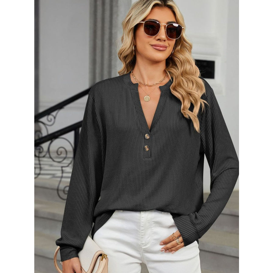 Striped Notched Long Sleeve T-Shirt Apparel and Accessories