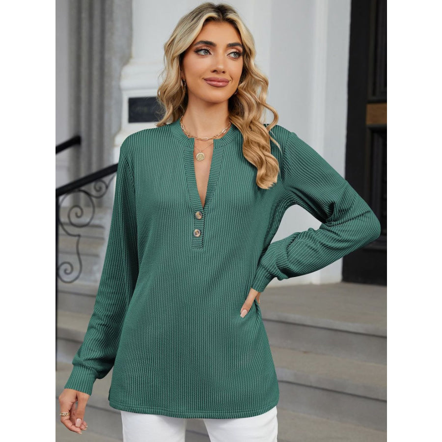 Striped Notched Long Sleeve T-Shirt Apparel and Accessories