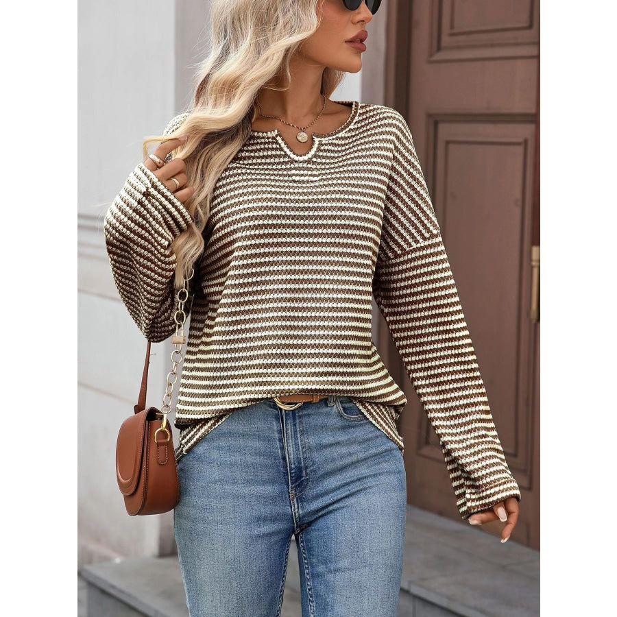Striped Notched Long Sleeve T-Shirt Apparel and Accessories