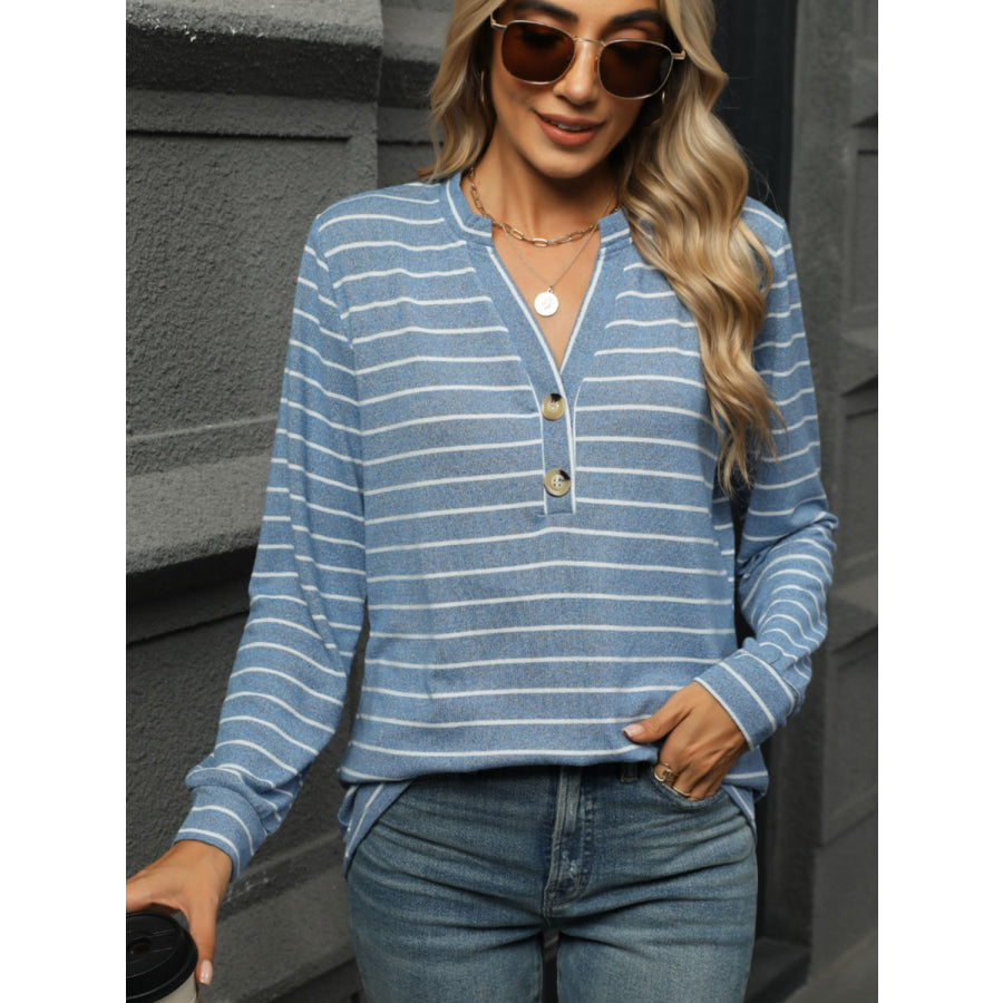 Striped Notched Long Sleeve T-Shirt Apparel and Accessories