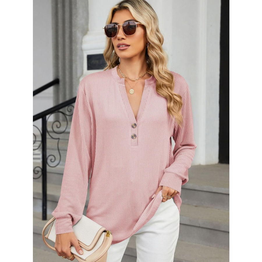 Striped Notched Long Sleeve T-Shirt Apparel and Accessories
