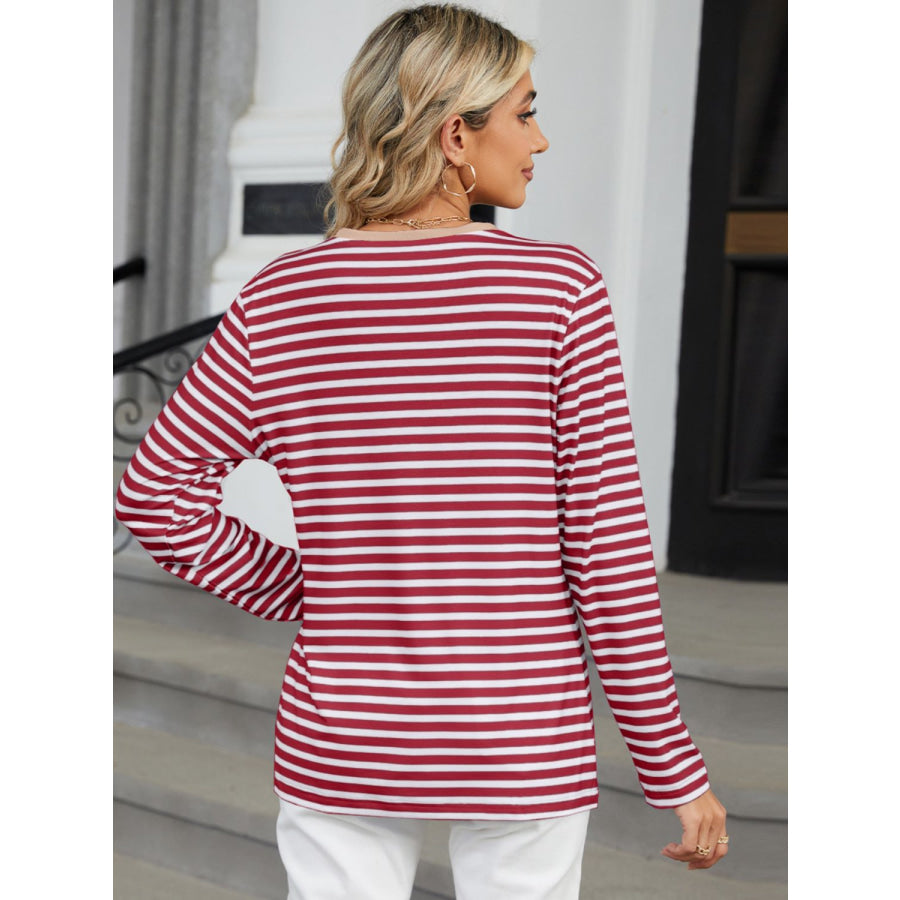 Striped Notched Long Sleeve T-Shirt Apparel and Accessories