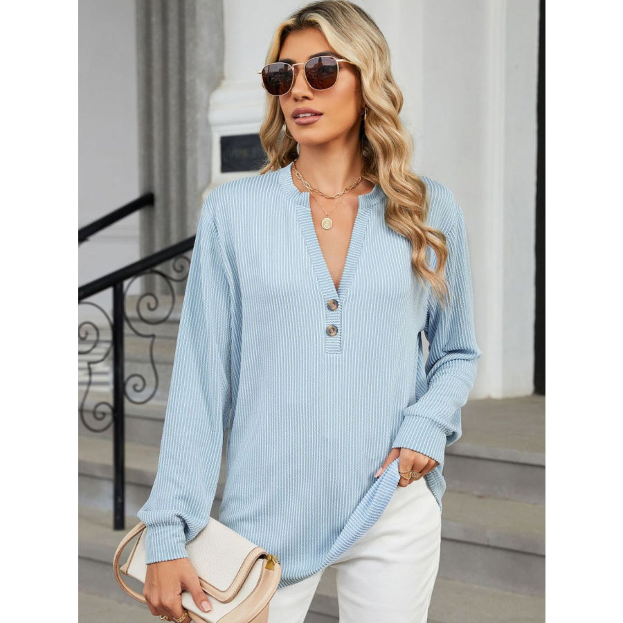Striped Notched Long Sleeve T-Shirt Apparel and Accessories