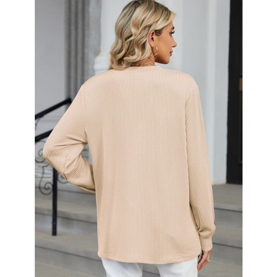 Striped Notched Long Sleeve T-Shirt Apricot / S Apparel and Accessories