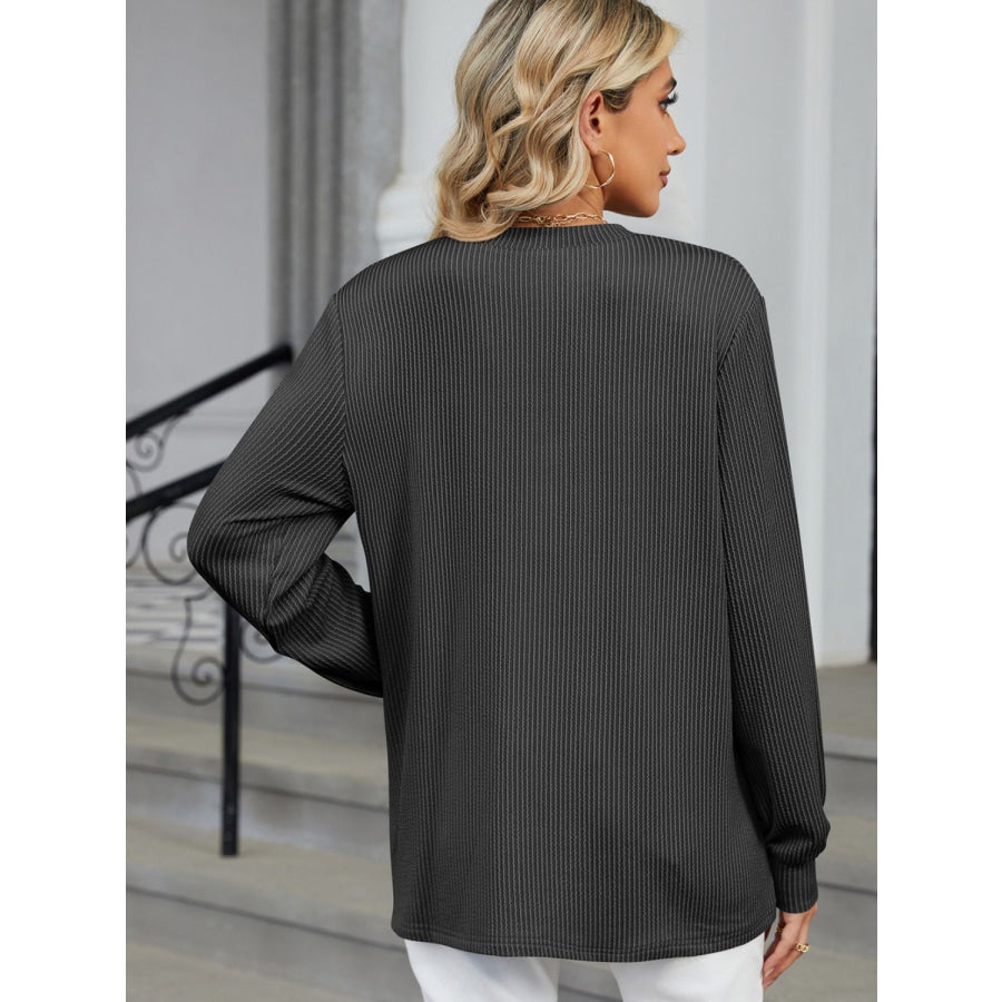 Striped Notched Long Sleeve T-Shirt Apparel and Accessories