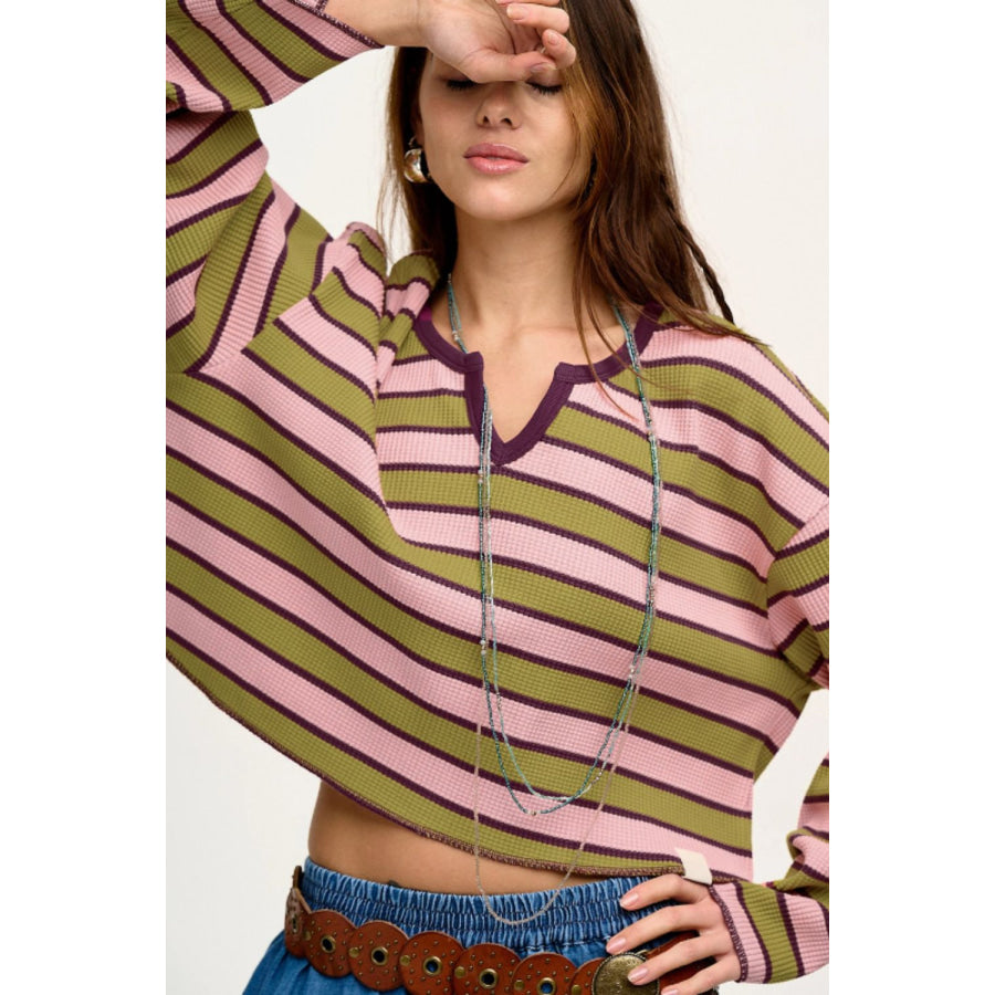 Striped Notched Long Sleeve T-Shirt Apparel and Accessories