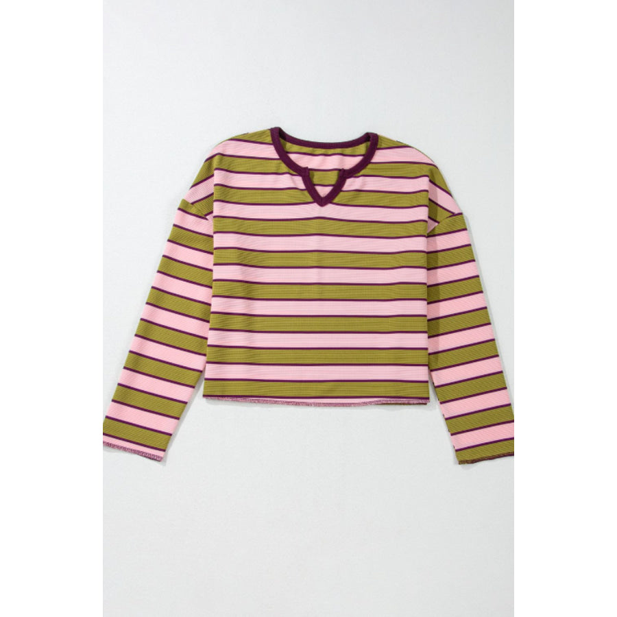 Striped Notched Long Sleeve T-Shirt Apparel and Accessories