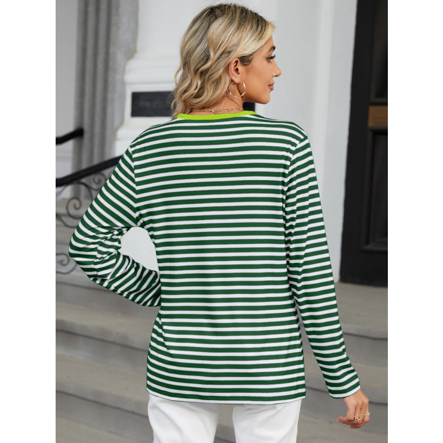 Striped Notched Long Sleeve T-Shirt Apparel and Accessories