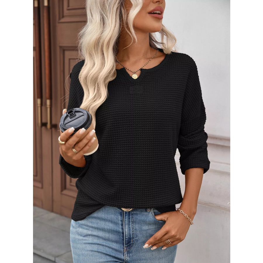 Striped Notched Long Sleeve T-Shirt Apparel and Accessories