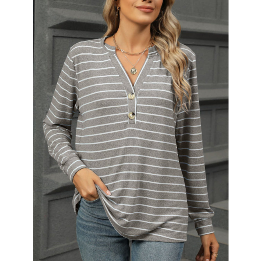 Striped Notched Long Sleeve T-Shirt Apparel and Accessories