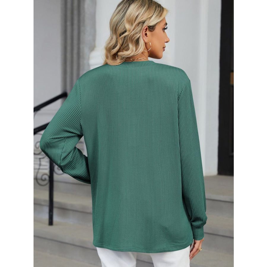 Striped Notched Long Sleeve T-Shirt Apparel and Accessories