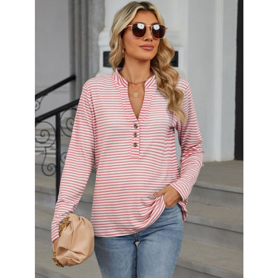 Striped Notched Long Sleeve T-Shirt Apparel and Accessories