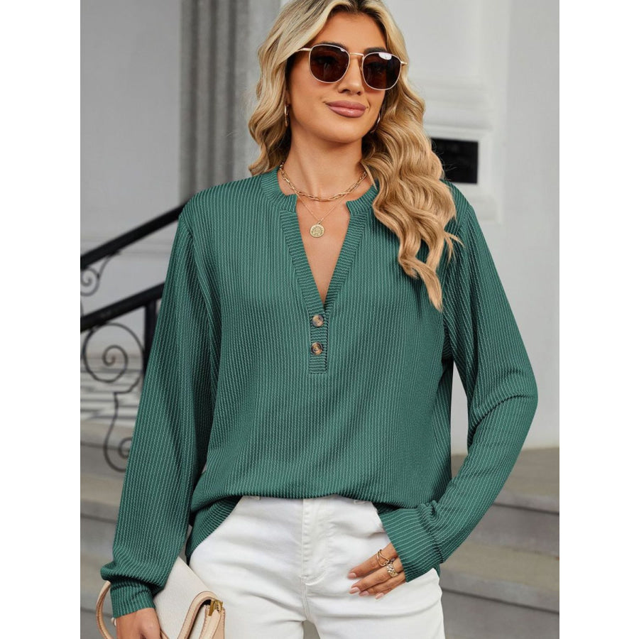 Striped Notched Long Sleeve T-Shirt Apparel and Accessories