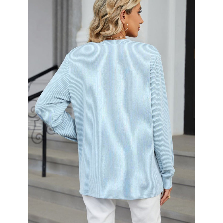Striped Notched Long Sleeve T-Shirt Apparel and Accessories