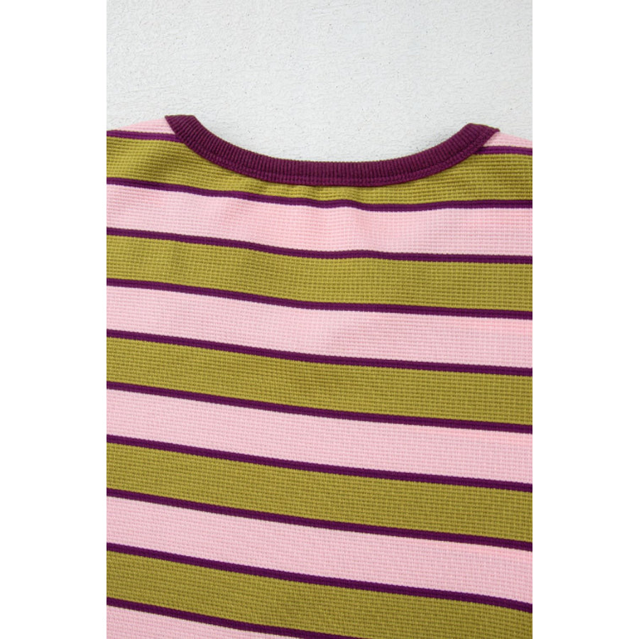 Striped Notched Long Sleeve T-Shirt Apparel and Accessories