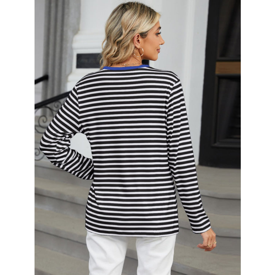 Striped Notched Long Sleeve T-Shirt Apparel and Accessories