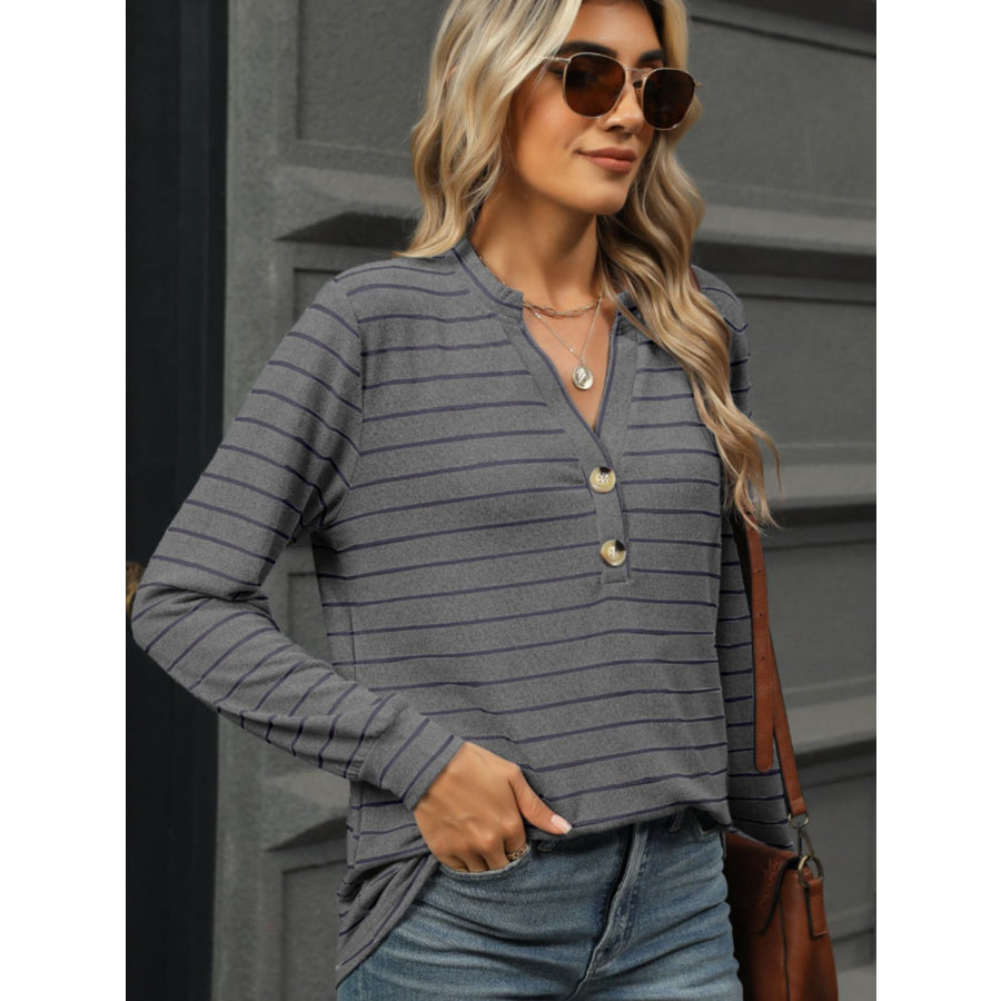 Striped Notched Long Sleeve T-Shirt Apparel and Accessories