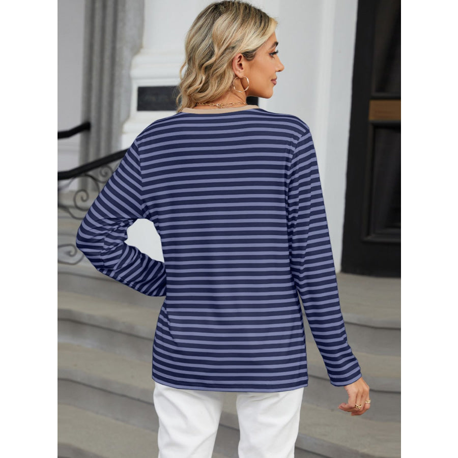 Striped Notched Long Sleeve T-Shirt Apparel and Accessories